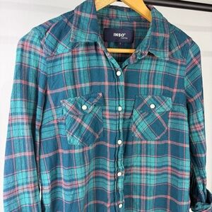 INSO Collection Woman's Green and Pink Pearl Snap Plaid Shirt Size Large